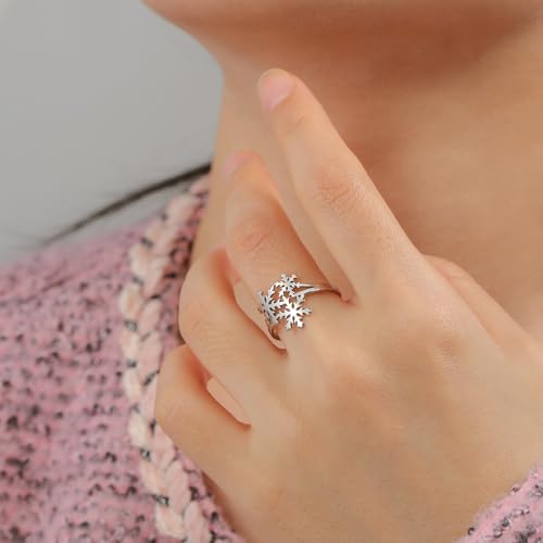 OIDIMS Xmas Snowflake Ring for Women Elegant Winter Flower Adjustable Open Band Rings Hypoallergenic Stainless Steel Christmas Holiday Wedding Engagement Prom Jewelry for Her Stocking Stuffer - color: Silver
