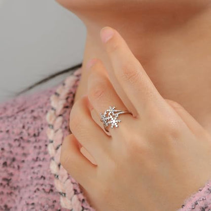 OIDIMS Xmas Snowflake Ring for Women Elegant Winter Flower Adjustable Open Band Rings Hypoallergenic Stainless Steel Christmas Holiday Wedding Engagement Prom Jewelry for Her Stocking Stuffer - color: Silver