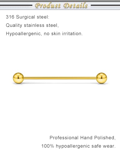 16G 14G Surgical Steel Tongue Rings Nipple Rings Industrial Piercing Jewelry Set Multi Size Straight Barbells 12mm 14mm 16mm 19mm 22mm 28mm 32mm 35mm 38mm 40mm 45mm for Women Men - color: goldtone, size: 16g,bar length 32mm