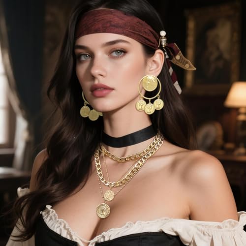 2 Pcs Layered Golden Pirate Necklace Earrings for Women Chunky Chain Layered Necklace Boho Gypsy Hoop Earrings Punk Grunge 80s 90s Coin Pendant Jewelry Halloween Pirate Costume Accessories - color: Big Golden Coin