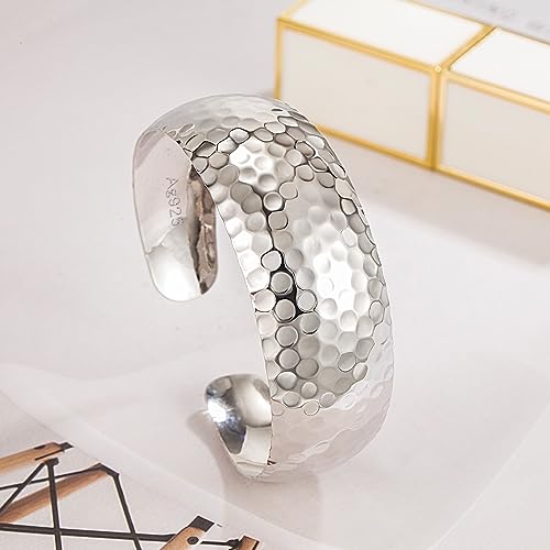 Dankadi 925 Sterling Silver Polished Hammered Bangle for Women Wide Cuff Groove Open Bracelet Adjustable Handmade Jewelry Gift