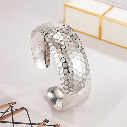 Dankadi 925 Sterling Silver Polished Hammered Bangle for Women Wide Cuff Groove Open Bracelet Adjustable Handmade Jewelry Gift