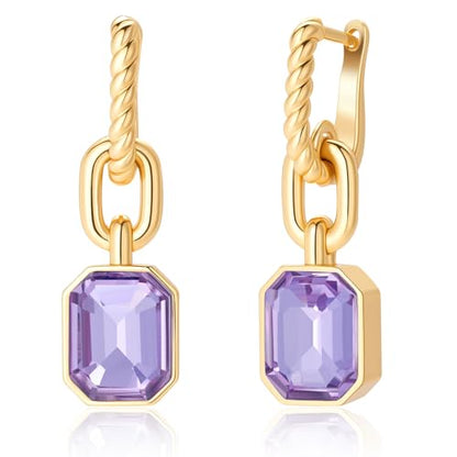 Birthstone Crystal Dangle Drop Earrings, 18K Gold Plated Huggie HoopEarring | Hypoallergenic Earring Jewelry Gifts for Women, Birthdays, anniversaries, weddings - color: Purple-Hoop