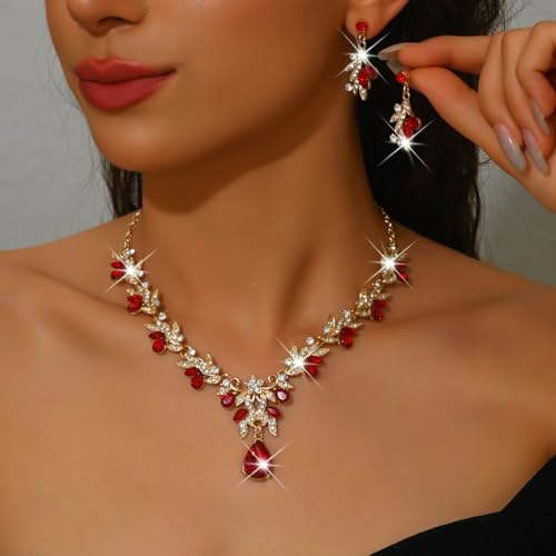 CJIAYUJEW Cubic Zirconia Wedding Jewelry Sets for Bride Bridesmaid Cluster Crystal Teardrop Pendants Jewelry Set Necklace Earring for Brides Bridesmaid for Wedding Party - color: Red
