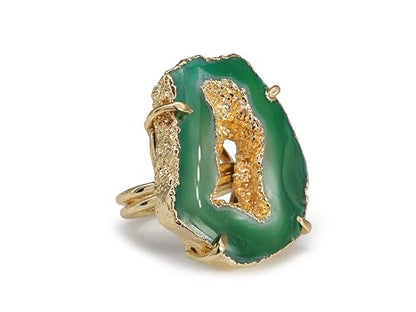 Ring Geode Druzy Slice Unique And Stylish Statement Gold Plated Jewelry Natural Gemstone Stone size 25-35 mm Approximately Adjustable Shank US Scale Size 6-9 - color: Green