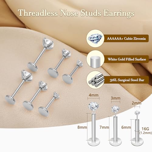 14K Gold Filled Threadless Nose Studs 316L Surgical Steel Labret Studs Lip Rings Push in Flat Back Stud Earrings CZ Nose Nostril Cartilage Lip Medusa Conch Tragus Helix Body Piercing Jewelry for Women Men Hypoallergenic 20G 18G 16G - color: 6Pcs 16G 2mm 3