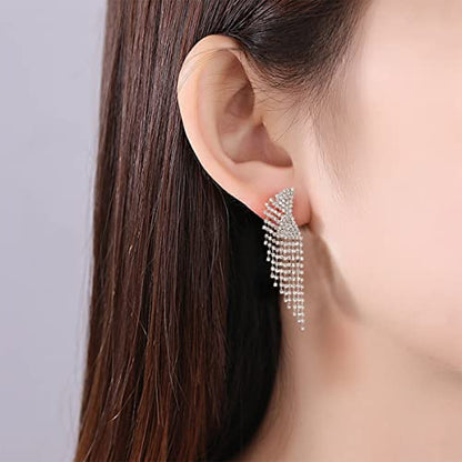 Silver Rhinestone Crystal Bridal Chandelier Long Tassels Dangle Earrings for Wedding - color: silver-4