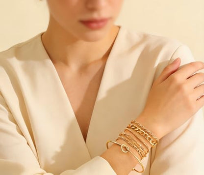 Alegend 14K Gold Plated Stackable Multilayer Bracelets + Titanium Steel(Not Rust, Resist Corruption, Easily Clean) 18K Gold Plated Single Bracelets - color: 14K Gold Plated Six-Layered