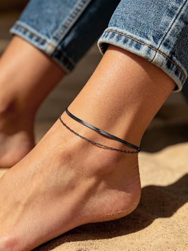 U7 Silver/Gold/Black Ankle Bracelets for Women Layered Chain Anklets | Stainless Steel Anklets Waterproof Summer Beach Anklet Charm, Adjustable 8.5"-10.5",Layered Anklet Fashion - color: Black - Flat Snake Chain+Paperclip Chain