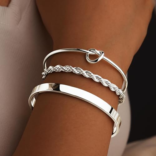 925 Sterling Silver Bracelets for Women Stack, Trendy Tennis Bangle Cuff Jewelry Set 14K Gold Plated, Adjustable Bracelet Set for Wrist Essentials, Women Fashion Watch Band Acecessories - style: Bracelet_3pcs(Silver Bangle Set)