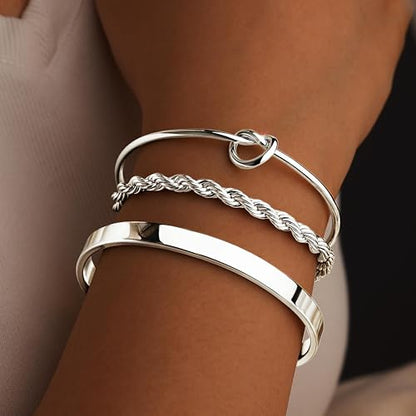 925 Sterling Silver Bracelets for Women Stack, Trendy Tennis Bangle Cuff Jewelry Set 14K Gold Plated, Adjustable Bracelet Set for Wrist Essentials, Women Fashion Watch Band Acecessories - style: Bracelet_3pcs(Silver Bangle Set)