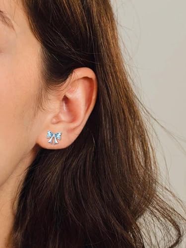 ChicSilver 925 Sterling Silver Bow/Butterfly Earrings for Women Hypoallergenic Birthstone Earrings Dainty Bow/Butterfly Jewelry Gift for Women - color: Bow-March-Aquamarine