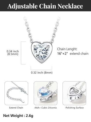 Silvora Heart/Round Birthstone Necklace for Women, Sparkling Crystal Pendant, Dainty Birth Month Jewelry, Adjustable 16"+2" Chain - color: Silver, style: April Heart