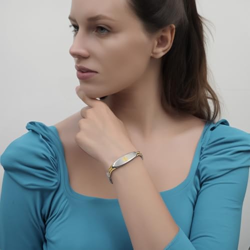 LinnaLove Fashion Shiny medical alert bracelet with Free Engraving Stainless steel Medical id bracelet for Women - color: STEEL-GOLD