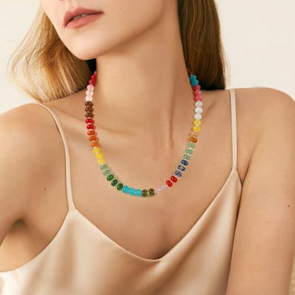 JULBEAR Boho Colorful Beaded Gemstone Choker Necklace for Women | Natural Stone Choker Necklace, Boho Beach Necklace, Rainbow Handmade Summer Stone Jewelry