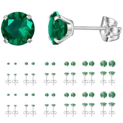 12 Pairs Stud Earrings Set, Hypoallergenic Surgical Stainless Steel 316L Earring for Women Men, Small Earring Studs Pack with Cubic Zirconia - color: Green-6 Sizes-3，4，5，6，7，8