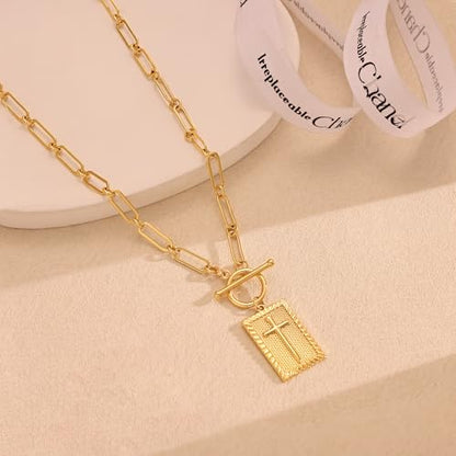 Freekiss 3-Piece Layered Toggle Necklace for Women | Gold/Silver necklace set with herringbone, rope, and paperclip chains plus a toggle clasp for layering, parties, and gifts - color: Gold Cross Necklace