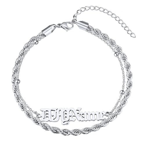 ChainsHouse Double Layer Anklet Bracelet for Women,Adjustable Chain Anklets Stackable Dainty Anklets,Stainless Steel/Gold Plated/Black Ankle Jewelry Gifts - color: A-Silver-Rope Chain