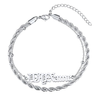 ChainsHouse Double Layer Anklet Bracelet for Women,Adjustable Chain Anklets Stackable Dainty Anklets,Stainless Steel/Gold Plated/Black Ankle Jewelry Gifts - color: A-Silver-Rope Chain