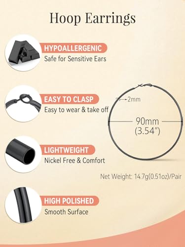 FaithHeart Silver/Black/Gold Stainless Steel Thin Hoop Earrings for Women | 2mm Wide Thin Large Hoop Earrings, Hypoallergenic Lightweight Trendy Jewelry, 20/30/40/50/60/70/80/90/100mm - color: Black, size: 90mm/3.54"