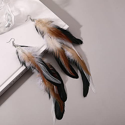 Bohemian Long Feather Earrings for Women Handmade Natural Dangle Tassel Jewelry - color: Style G