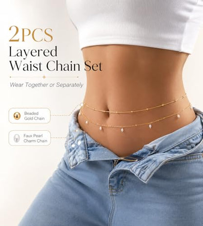 Gold Chain Belt for Women, 14K Gold Plated Layered Pearl Shell Belly Chain, Adjustable Gold Waist Chain and Beach Waist Chain Body Jewelry for Bikini Summer Outfits - color: Starlight Platinum