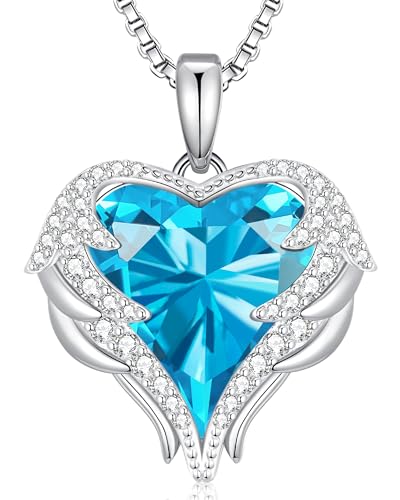 CDE Angel Wings Heart Birthstone Pendant Necklace Gift for Women | Silver/Gold Tone,Ideal Birthday & Anniversary Jewelry Gift for Wife,Girlfriend,Her - color: White-12a-Dec-Blue Zircon Birthstone