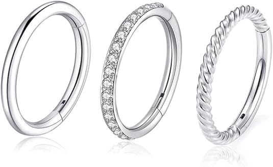 16G 18G 6mm 8mm 10mm Hinged Clicker Segment CZ Twisted Clicker Nose Rings Hoop Helix Cartilage Daith Tragus Sleeper Earrings Body Piercing for Women Men - style: 18G - 8mm - 3Pcs Steel