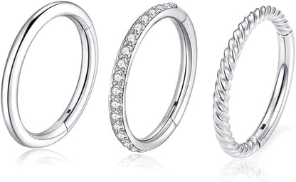 16G 18G 6mm 8mm 10mm Hinged Clicker Segment CZ Twisted Clicker Nose Rings Hoop Helix Cartilage Daith Tragus Sleeper Earrings Body Piercing for Women Men - style: 18G - 8mm - 3Pcs Steel