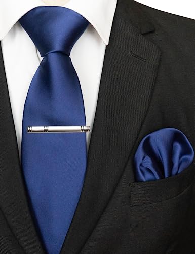 JEMYGINS Mens Solid Color Formal Necktie and Pocket Square, Tie Clip Sets - color: Dark Blue