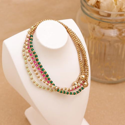 Gold Beaded Stackable Friendship Bracelets Set for Women, Handmade Boho Stretch Summer Jewelry Gift. - color: gold green fuchsia white