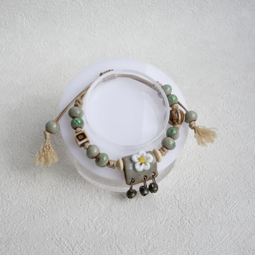 Handcrafted Bohemian Ceramic Flower Bracelet with Leaf Charm, Adjustable Beaded Bracelet for Women, Unique Handmade Jewelry Gift for Nature Lovers - style: Bohemian
