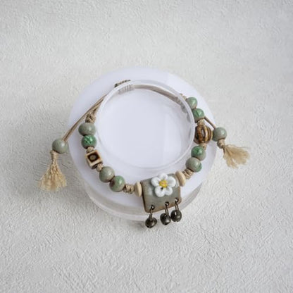Handcrafted Bohemian Ceramic Flower Bracelet with Leaf Charm, Adjustable Beaded Bracelet for Women, Unique Handmade Jewelry Gift for Nature Lovers - style: Bohemian