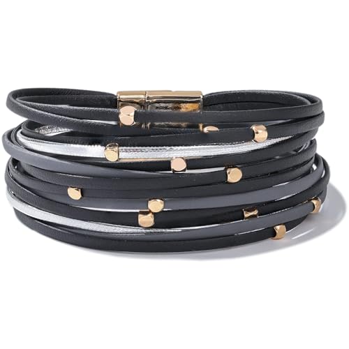 Stackable Beaded Leather Wrap Bracelet Boho Western Country Beach Jewelry | Layered Bead Stack Multi Strand Magnetic Clasp Cuff Bangle Bohemian Hippie Cowgirl Fashion Summer Vacation Outfits for Women - color: Black