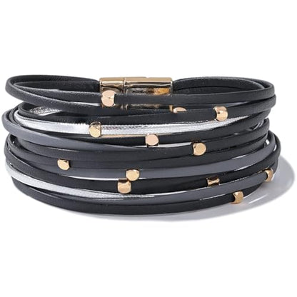 Stackable Beaded Leather Wrap Bracelet Boho Western Country Beach Jewelry | Layered Bead Stack Multi Strand Magnetic Clasp Cuff Bangle Bohemian Hippie Cowgirl Fashion Summer Vacation Outfits for Women - color: Black
