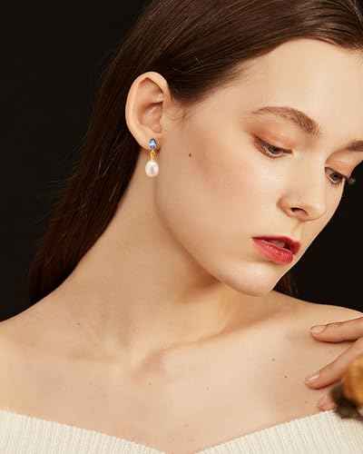Pearl Drop Earrings Cubic Zirconia Stone Pearl Stud Earrings for Prom, Bridesmaids, Birthday Women Jewelry - color: Blue CZ Stone