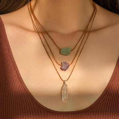 Crystal Holder Necklace for Women Natural Gemstone Crystal Pendant Necklace Handmade Boho Sun Necklace Summer Beach Jewelry Accessories - color: Purple