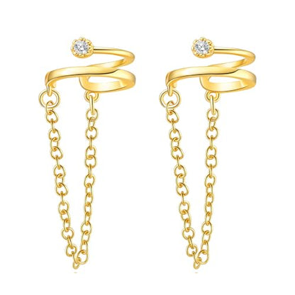 14K Gold Plated Double Layer Cuff Earring with Chain & Cubic Zirconia, Minimalist Dangle Ear Cuff for Women, No Piercing Needed
