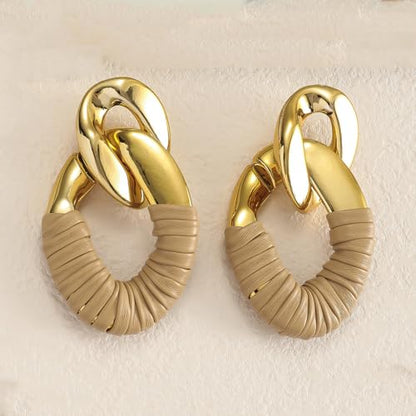 Chunky Gold Acrylic Chain Statement Earrings for Women,Exaggerated Thick Chain Artificial Leather Wrap Dangle Earrings Trendy Geometric Ear Jewelry - color: Brown