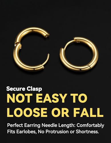 ChainsHouse Stud Earrings for Men Women,316L Stainless Steel/14K Gold/Black Plated Metal, Punk Hypoallergenic Surgical Huggie Hoop Earrings Mens Jewelry Piercing Hoop Earrings - style: H: Gold-Huggie Hoop(1 Pair)