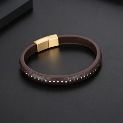 Italian Handmade Leather Bracelets for Men - color: Thin Brown, size: 8.2"