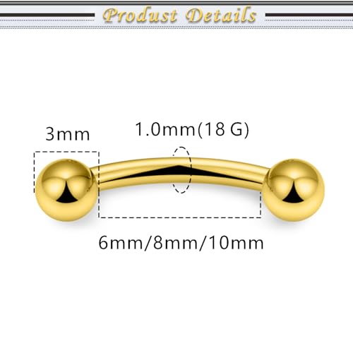 Internally Threaded Eyebrow Piercing Jewelry Surgical Steel Tiny Eyebrow Rings Vertical Labret Lip Jewelry Small Ear Rook Earring for Women Men 18g 16g 14g Plus Piercing Ball Grabber Tool - color: goldtone, size: 18g,ball+spike end