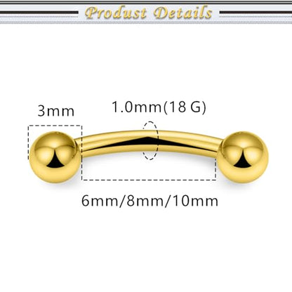Internally Threaded Eyebrow Piercing Jewelry Surgical Steel Tiny Eyebrow Rings Vertical Labret Lip Jewelry Small Ear Rook Earring for Women Men 18g 16g 14g Plus Piercing Ball Grabber Tool - color: goldtone, size: 18g,ball+spike end