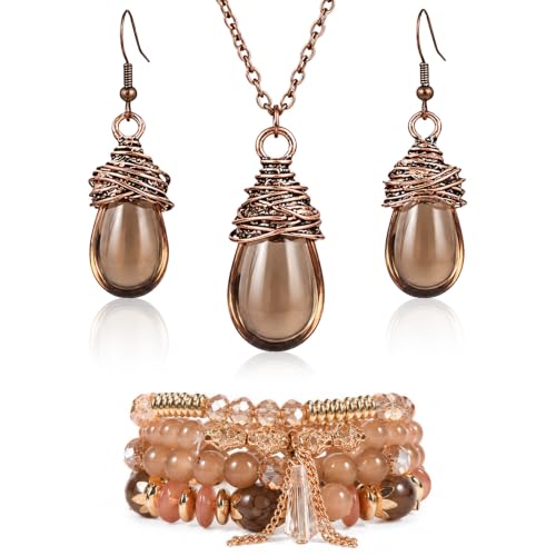 Boho Earrings Necklace Bracelet Set Stackable Stretch Beaded Bracelets Gold & Brown Boho Jewelry Accessories for Women