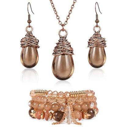 Boho Earrings Necklace Bracelet Set Stackable Stretch Beaded Bracelets Gold & Brown Boho Jewelry Accessories for Women