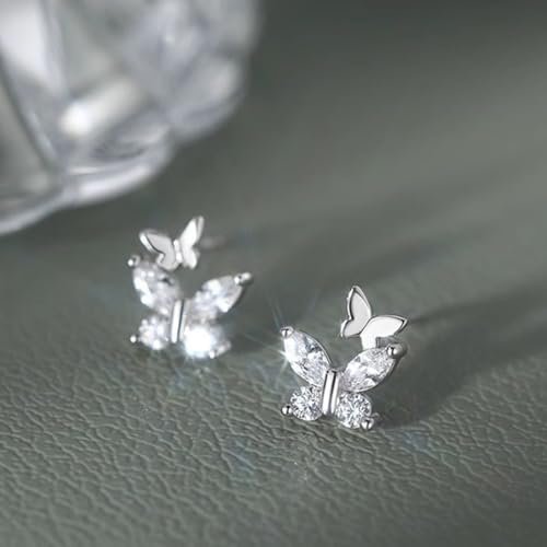 Silver Double Butterfly Crystal Stud Earrings, Dainty Shining Birthstone Birthday Gift Tiny Earrings, Sparkling Zircon Jewelry