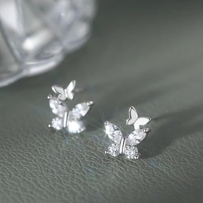 Silver Double Butterfly Crystal Stud Earrings, Dainty Shining Birthstone Birthday Gift Tiny Earrings, Sparkling Zircon Jewelry