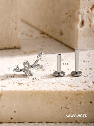 16G Titanium Flat Back Earrings for Women Conch/Helix/Foward Helix/Tragus/Hypoallergenic Piercing Jewelry Internal Thread Cartilage Stud Gold Silver CZ Branch Earrings - color: Silver-For Wearer Left Ear