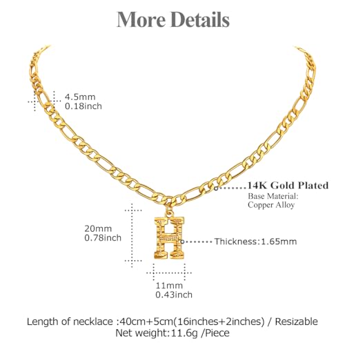 14K Gold Plated Initial Necklaces for Women Men A-Z Letter Necklaces | Figaro Chain, 16"+2" Adjustable Length, with Gift Box - style: H