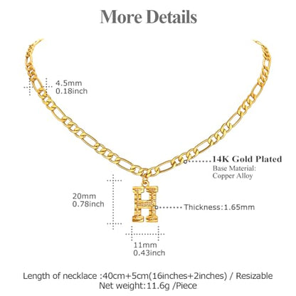 14K Gold Plated Initial Necklaces for Women Men A-Z Letter Necklaces | Figaro Chain, 16"+2" Adjustable Length, with Gift Box - style: H